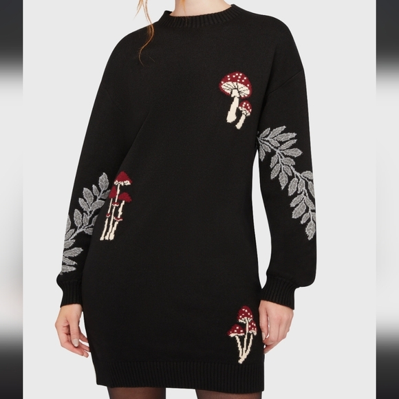 Killstar Sweaters - Killstar Black Crewneck Sweater Dress with Red Mushroom & Silver Leaf Accents